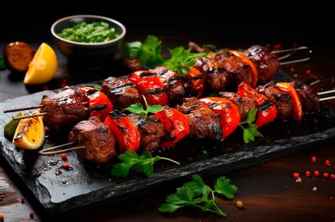 Premium Ai Image Kebabs Grilled Meat Skewers Shish Kebab With Vegetables