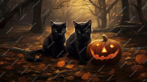 Premium AI Image | cat in the pumpkins halloween desktop wallpaper