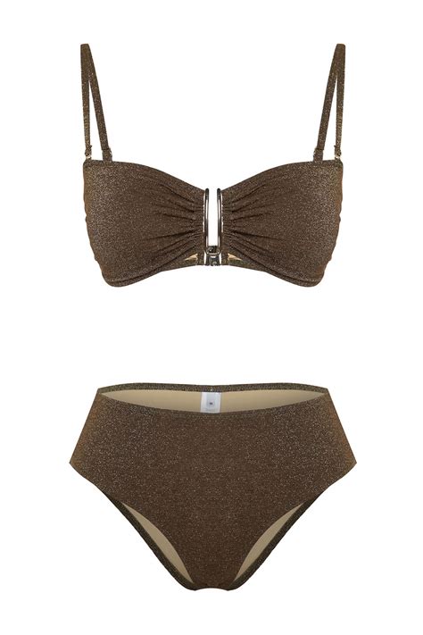 Trendyolmilla Kahverengi Straplez Aksesuarlı Simli Brazilian Bikini Takımı TBESS BT Fiyatı