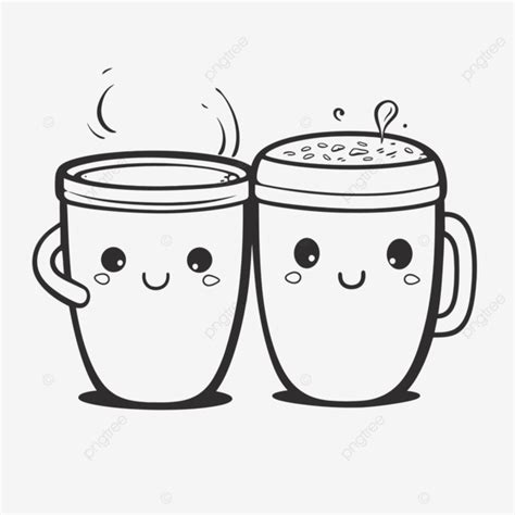 Two Cute Cartoon Cups Full Of Coffee Outline Sketch Drawing Vector Car