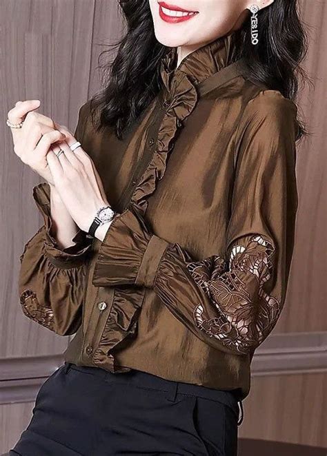 Fashion Dark Brown Stand Collar Ruffled Lace Patchwork Shirts Spring