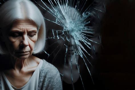 Premium Photo Sad Senior Woman Against The Background Of Broken Glass Suffering Sadness And