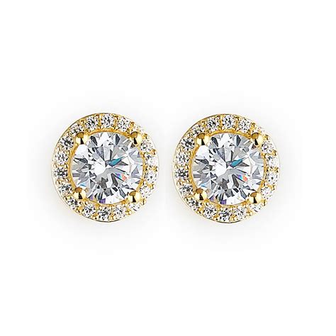 14K Gold Plated Halo Solitaire Cubic Zirconia Stud Earrings Etsy