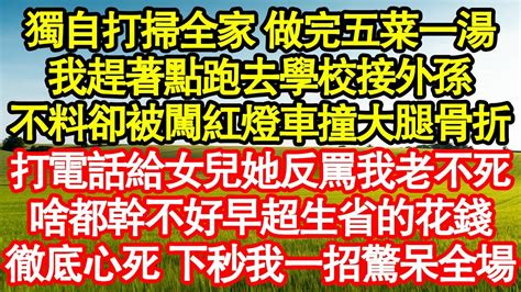 獨自打掃全家 做完五菜一湯，我趕著點跑去學校接外孫，不料卻被闖紅燈車子撞大腿骨折，打電話給女兒她反罵我老不死，啥都幹不好早超生省的花錢，徹底