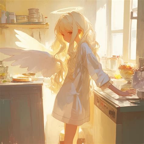 Premium Photo Anime Girl With Long Blonde Hair In Kitchen With Angel
