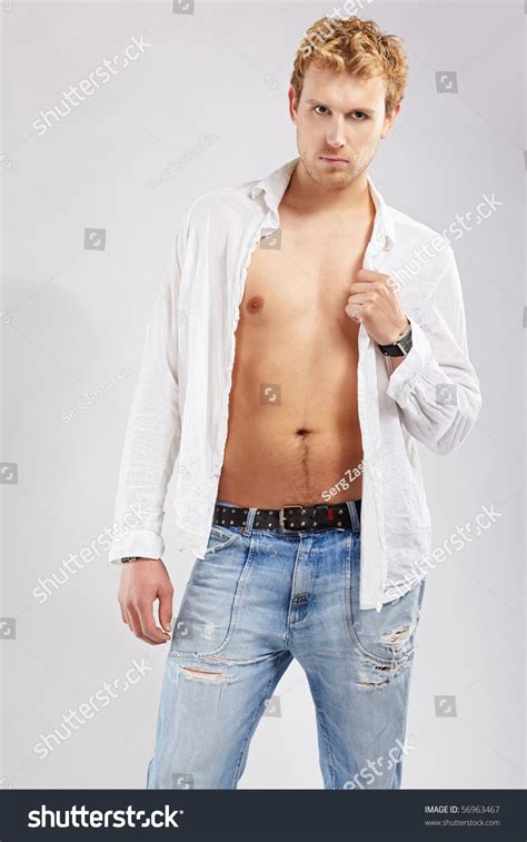 Portrait Blonde Man White Shirt Posing Stock Photo 56963467 Shutterstock
