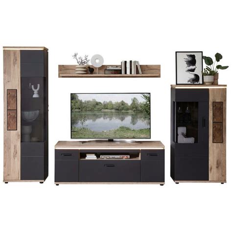 Stylife Wohnwand Graphit Eiche Metall 11 Holz 3 Glas Fächer 1