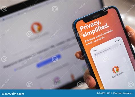 Duckduckgo Browser App Logo Close Up Smartphone In Hand With Secure