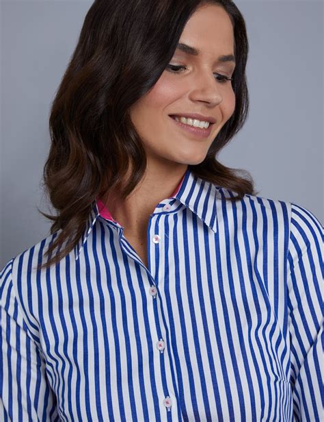 Womens Royal White Bengal Stripe Fitted Shirt Double Cuff Hawes