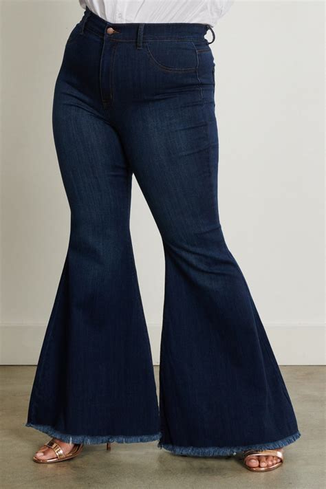 Vibrant High Waisted Plus Size Frayed Bell Bottom Jeans Dark Denim