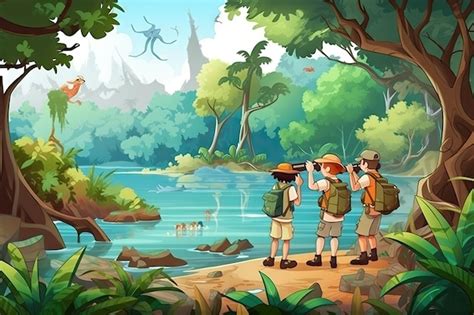 Premium Ai Image Explorers On Tropical Island Discovering New Flora