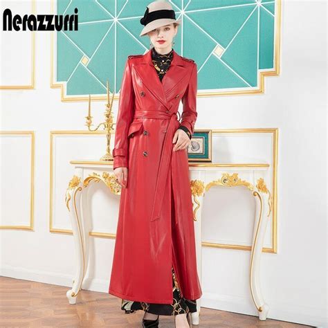 Nerazzurri Red Long Leather Trench Coat For Women Long Sleeve Sashes