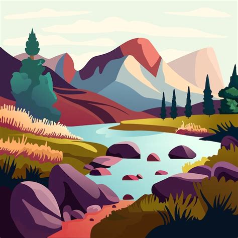 Montagne Lac Aventure Paysage Plat Vector Illustration Vecteur Premium