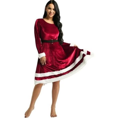 Robe Mère Noël Femme Velours Costume De Noël Déguisement Lutin Grande