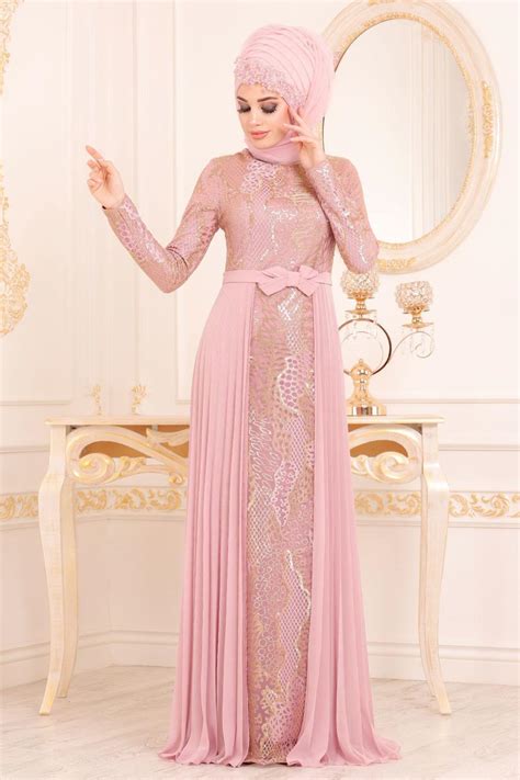 Rose Poudr Tesett Rl Abiye Elbise Robe De Soir E Hijab Pd