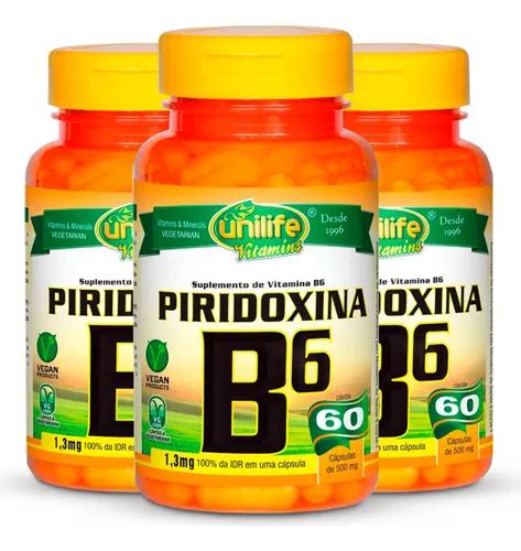 Kit 3 Vitamina B6 Piridoxina Unilife 60 Cápsulas Sabor Sem Sabor