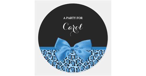 Cute Blue Jaguar Print Bright Blue Ribbon and Name Classic Round ...