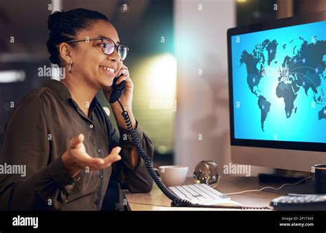 Black Woman Computer And Call Center With Telephone For Global Communication At Night By Office