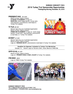 Fillable Online Burbank Ymca Turkey Trot Sponsorship Levels Form