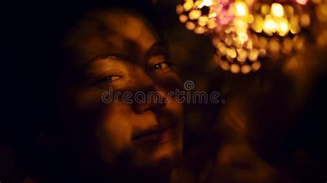Magic Hot Light From Lanterns Falls On The Woman Eyes The Naked Adult Caucasian Girl Lies At