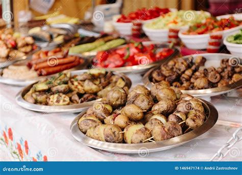 Festival of Street Food, Showcase with Food at the Fair Stock Photo ...