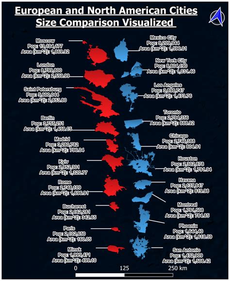 European And North American Cities Size Comparison Visualized Rmapporn