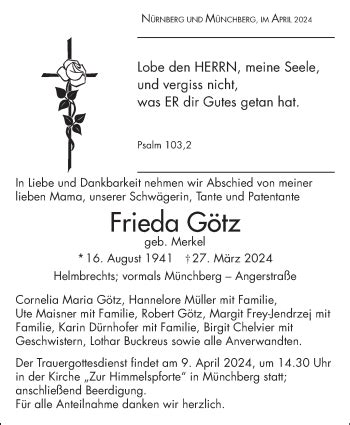 Traueranzeigen von Frieda Götz franken gedenkt de