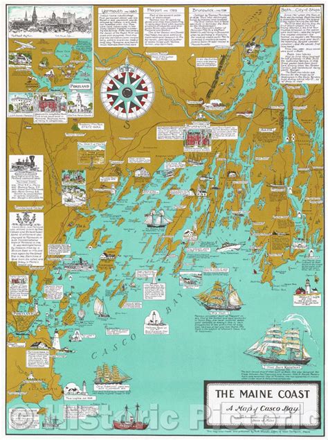 Historic Map : The Maine Coast, a Map of Casco Bay, 1960 , Vintage Wal ...