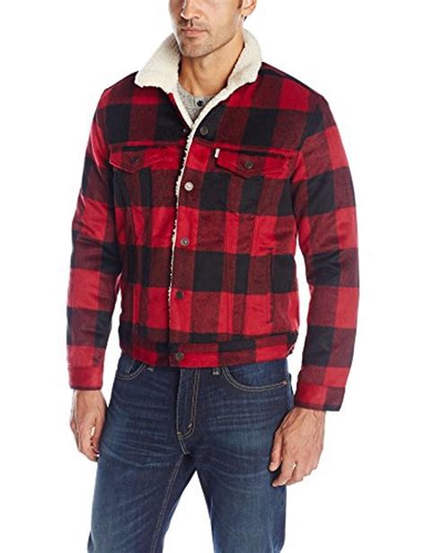 Levis Mens Sherpa Trucker Jacket Curcuma Red Plaid Medium Mens Outdoor Jackets Mens