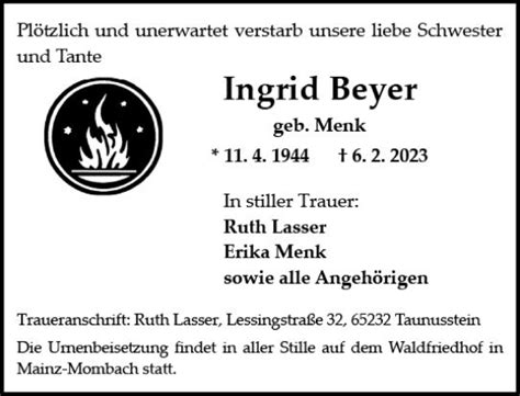 Traueranzeigen Von Ingrid Beyer Vrm Trauer De