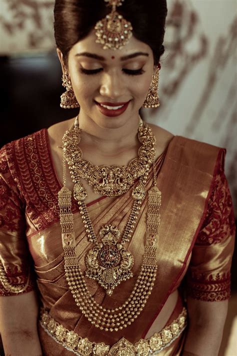 Photo Of Gold Bridal Look With Layered Temple Necklaces South Indian