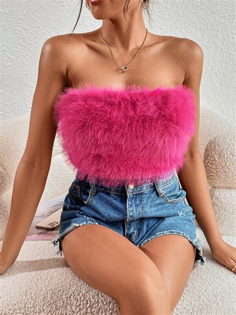 Shein Bae Solid Fuzzy Crop Tube Top Shein Usa