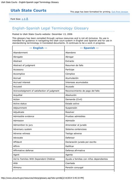 Utah State Courts English Spanish Legal Terminology Glossary