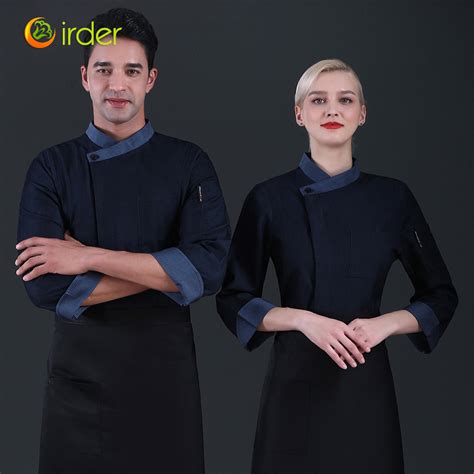 Irder Contrast Hem Denim Side Open Upgrade Chef Coat Baking Uniform