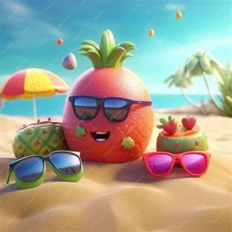 Premium Photo Funny Summer Fruits With Sunglasses On Beach 3d Render