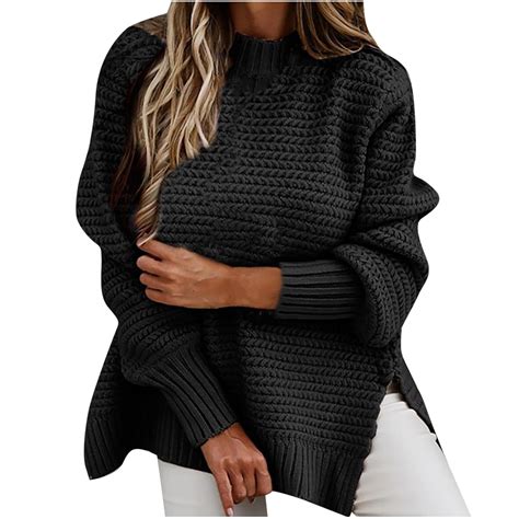 Womens Knit Sweaters Crewneck Long Sleeve Side Slit Pullover Solid