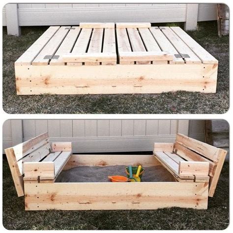 Sandbox With Folding Bench Seats In 2020 Diy Sandbox Backyard Kids