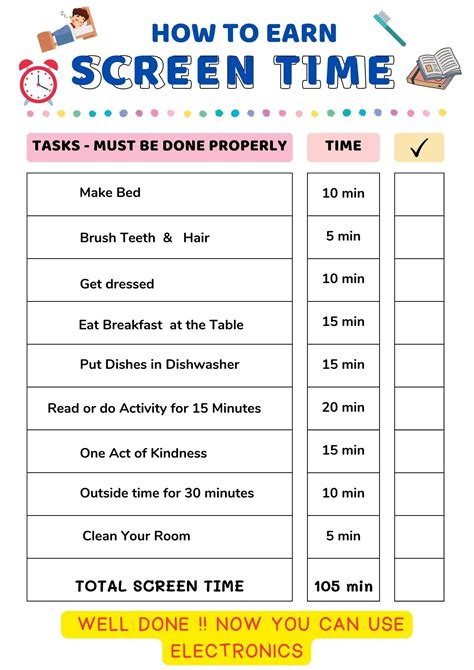 Kids Screen Time Chore Chart Printable Screen Time Chart Etsy