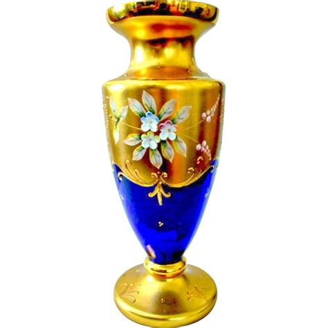 Murano Venetian Vase 22K Gold Enamel Flowers Cobalt Blue 11 Vase