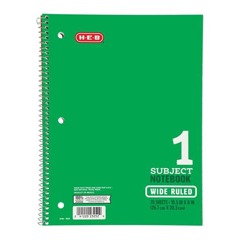 H E B 1 Subject Wide Ruled Spiral Notebook Green Shop Notebooks At