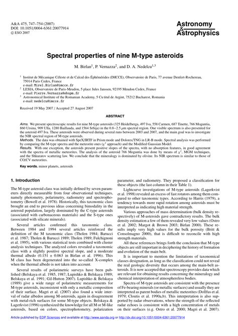 (PDF) Spectral properties of nine M-type asteroids