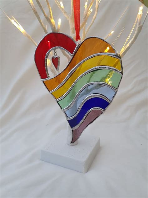 Stained Glass Rainbow Heart Suncatcher Etsy Suncatchers Stained