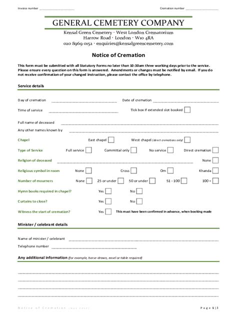 Fillable Online Kensal Green Cemetery And West London Crematorium Fax