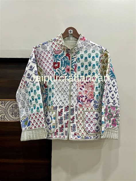 Patchwork Quilted Jacket White Cotton Floral Bohemian Style Fall Winter