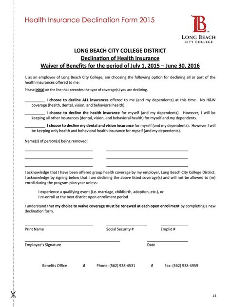 Fillable Online Lbcc Health Insurance Declination Form Long