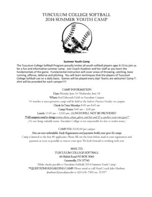 Fillable Online TUSCULUM COLLEGE SOFTBALL 2014 SUMMER YOUTH CAMP Fax