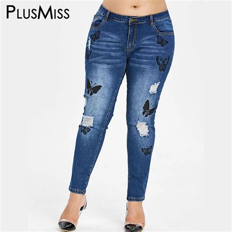 PlusMiss Plus Size 5XL Embroidery Butterfly Ripped Jeans Women Skinny