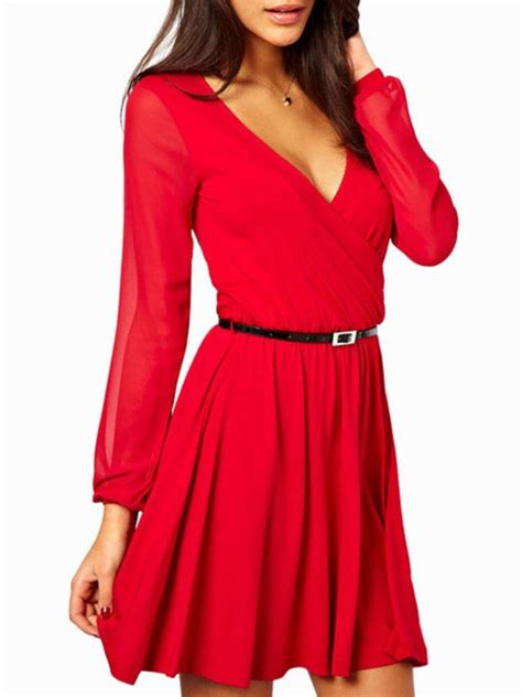 Red Long Cuff Sleeve V Neck Skater Dress Long Sleeve Skater Dress