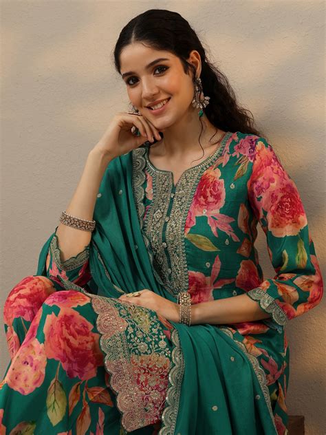Buy Green Printed Silk Blend Straight Suit Set With Dupatta Online at