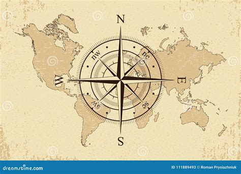 Vintage World Map with Retro Compass. Background Old Paper Map and Wind ...